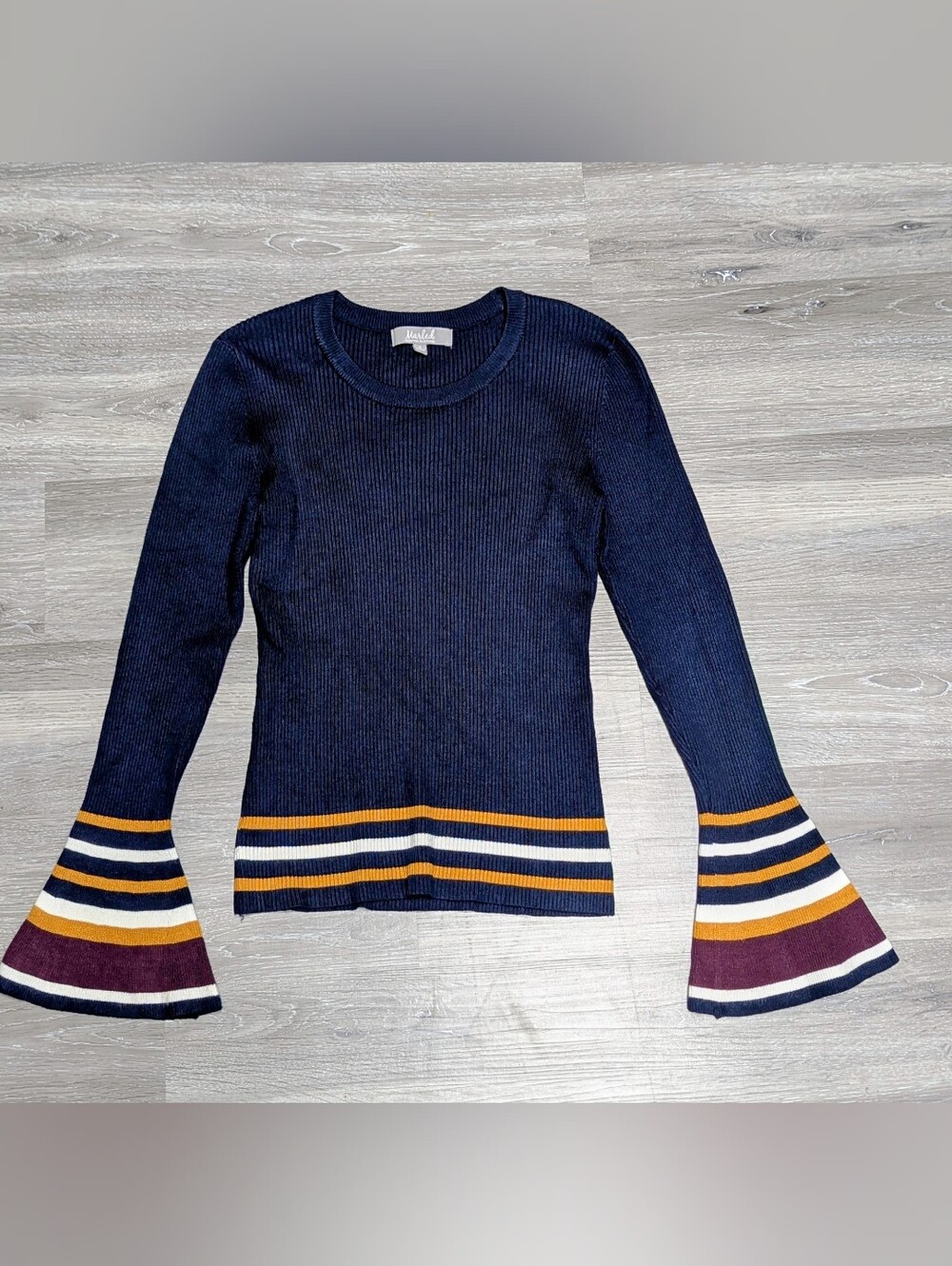 Marled Ribbed Pullover Sweater Size S Stripe Trim Flare Sleeve